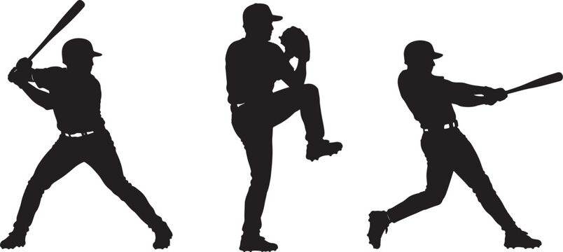 A sequence of three black silhouette baseball players, depicting a batter swinging, a pitcher throwing, and another batter in a ready stance, isolated on a white also transparent background