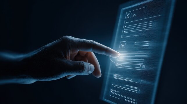 Hand interacting with digital affidavit interface on glowing touchscreen device in dark room