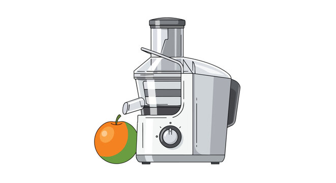 Modern centrifugal juicer machine with whole apple for fresh fruit juice preparation on white background illustration
