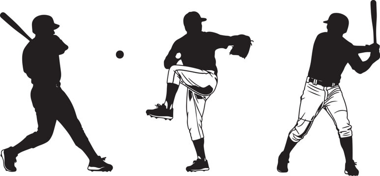 Black silhouettes of three baseball players in motion: a batter swinging, a pitcher mid-throw, and a batter in a ready stance, showcasing the energy and skill of the game also transparent background