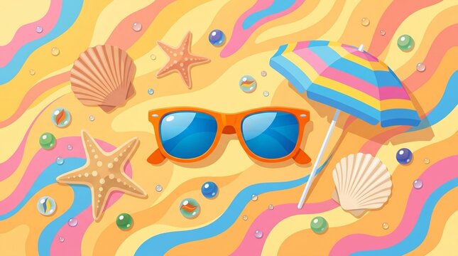 Sunglasses, seashells, starfish, beads, and a striped beach umbrella are arranged across a bright wavy summer background, forming a playful vacation pattern with ample copy space.
