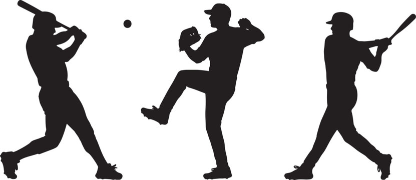 Dynamic black silhouettes of three baseball players in action: a batter swinging, a pitcher throwing, and another batter poised, capturing the intensity and movement of also transparent background
