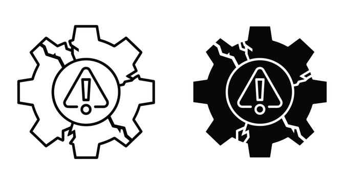Broken gear icon set with warning triangle exclamation mark representing system failure technical error mechanical breakdown industrial maintenance problem alert