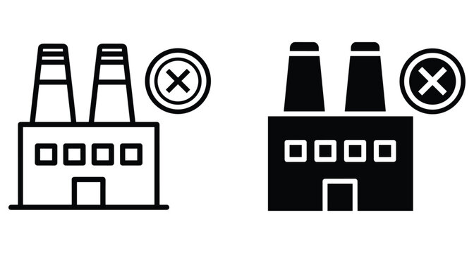 Factory shutdown icon set showing industrial building with cross symbol representing plant closure manufacturing ban environmental protection and industrial stop