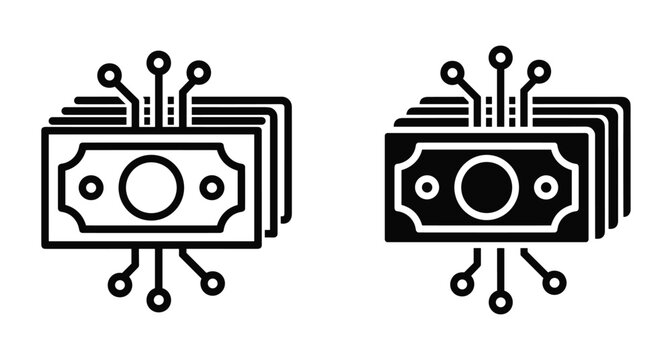 Digital money fintech icon set featuring banknote stack with electronic circuit connection lines for online banking and electronic payment systems