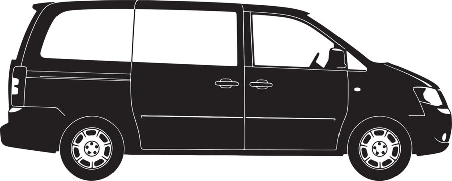 Silhouette of a black minivan, showcasing a modern family vehicle for transportation and travel, rendered as a clean, detailed black and white also transparent background