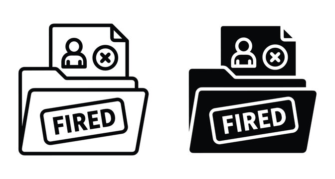 Fired employee folder icon set with dismissal document and person profile symbol representing job termination unemployment layoff and human resources management