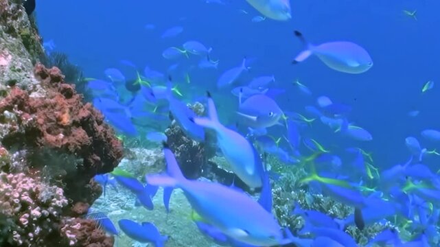 Mesmerizing dance of brilliant blue fish, including yellowtail swimmers, glides effortlessly through crystal clear tropical waters. They navigate around stunning coral formations during bright day.