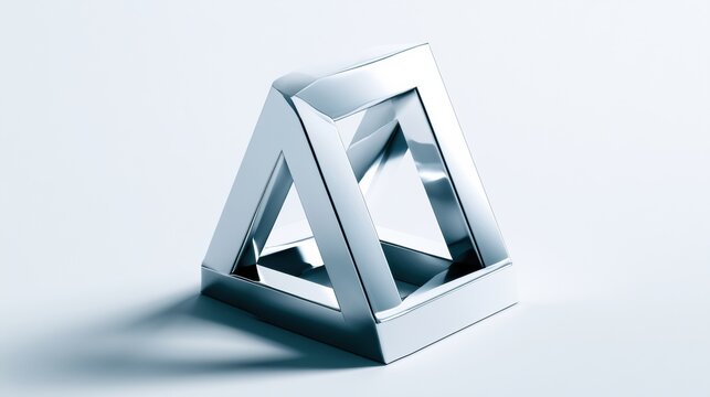 The shiny penrose triangle appears impossible as it sits on a white background, showcasing an unusual geometric design and reflective surface.