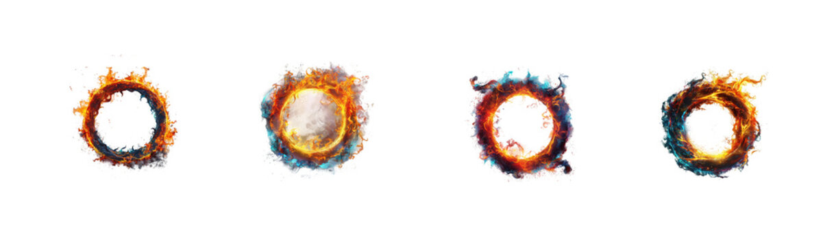 Set of four circular burn marks with dark scorched edges and lighter isolated on transparent background
