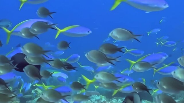 Colorful fish, mostly blue with yellow fins, swim gracefully in large schools near vibrant coral reef. Darker fish weave through shimmering masses, creating beautiful underwater spectacle during day.