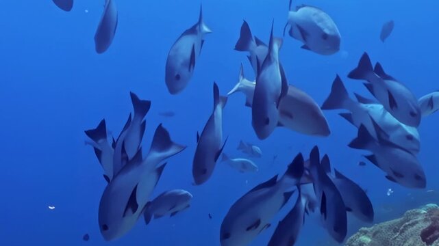 A mesmerizing aquatic ballet unfolds as a vast school of silver fish dances in the clear blue depths.