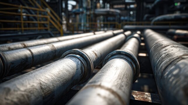 Low angle view of long parallel industrial steel pipelines in a factory