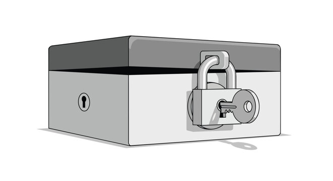 Locked security metal box with a padlock and key illustration for privacy and safety storage concept