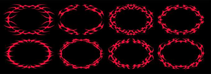 Neo tribal oval frame set. Abstract symmetrical Y2K tattoo borders in cyber style. Decorative vector silhouette collection for design © BonkiStudio