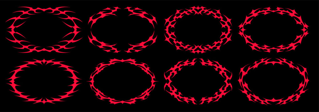 Neo tribal oval frame set. Abstract symmetrical Y2K tattoo borders in cyber style. Decorative vector silhouette collection for design