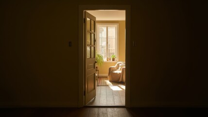 Fototapeta premium Open wooden door to a sunlit room with a comfortable armchair and window