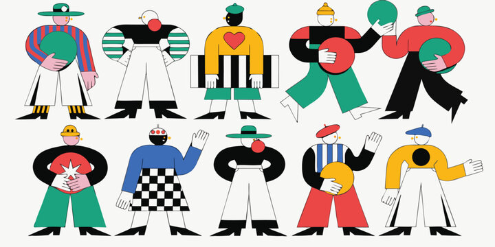diverse group of people performing a circus show with various objects on a clean background, illustration