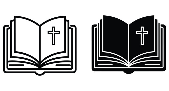 Open holy bible icon set with christian cross symbol on pages in outline and solid black flat vector style design