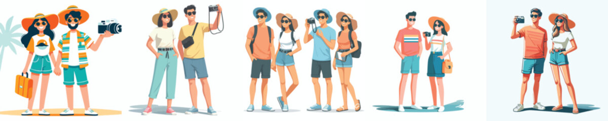 Fototapeta premium vector of a happy couple taking a photo at the beach in summer