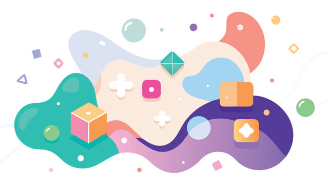 Abstract background with dynamic fluid shapes and 3D geometric objects for modern design illustration