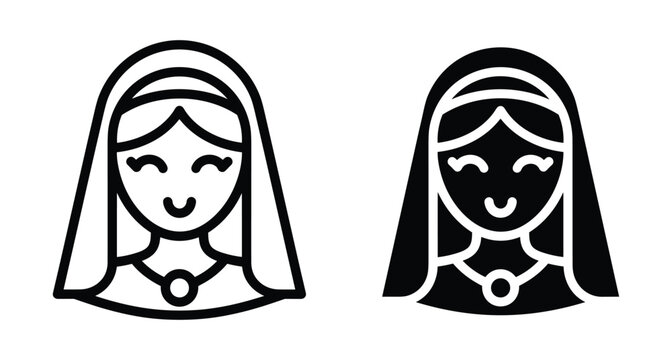bride icon set featuring smiling woman with veil and necklace in outline and solid glyph styles for wedding ceremony design