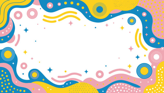 Abstract dynamic frame with various colorful shapes, waves, stars, and dots on white background