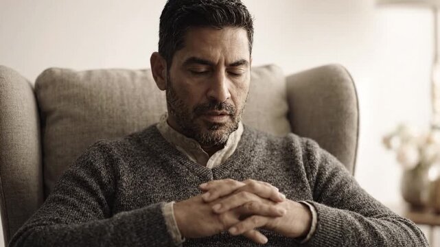 Serious Mature Man With Dark Hair And Beard Wearing A Sweater Sitting In A Chair With His Hands Folded Deep In Thought