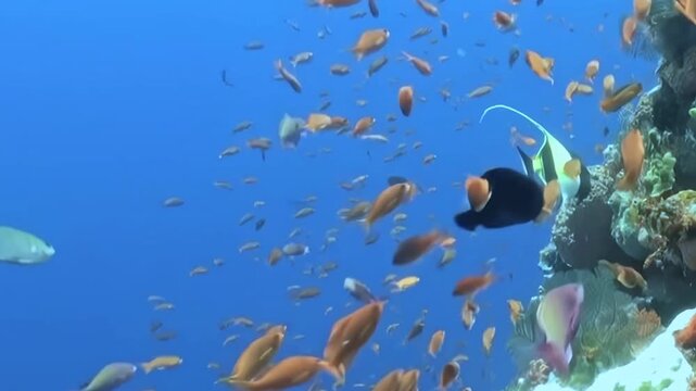 A shimmering school of orange and gold Anthias dances around an intricate coral reef. A striking Moorish Idol and a black surgeonfish glide through the brilliant azure waters.