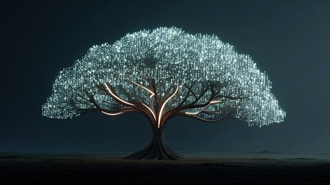 Glowing binary tree with neural network leaves on dark background