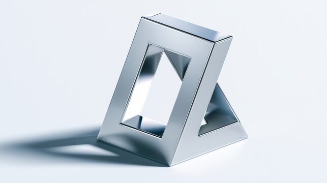 A polished chrome penrose triangle stands on a white surface, reflecting light and creating an optical illusion through its impossible geometry.