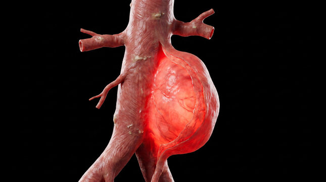3D rendering of a human aorta with a large aneurysm, a diseased blood vessel showing a significant bulge and glowing red on a black background.