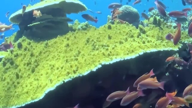 A brilliant school of orange and pink Anthias navigates a sprawling tabular coral formation underwater. Sunlight filters through clear blue depths, illuminating the bustling ecosystem at the reef.