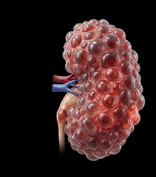 Human polycystic kidney with numerous fluid-filled cysts, showing renal artery and vein, a medical illustration of Polycystic Kidney Disease (PKD) on a black background.