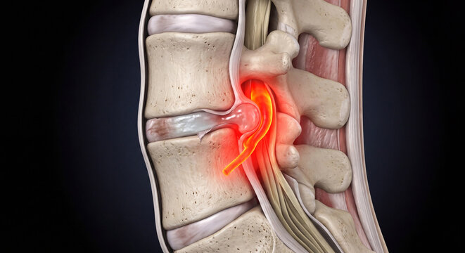3D rendering of a herniated lumbar disc compressing a spinal nerve root, causing pain and inflammation in the human spine on a dark background.