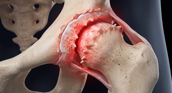 3D illustration of a human hip joint severely affected by osteoarthritis, showing cartilage erosion, bone spurs, and inflammation with a red glow on a dark background.