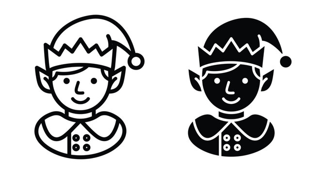 Christmas elf icon set featuring outline and solid glyph styles of festive holiday character with pointed ears and santa hat