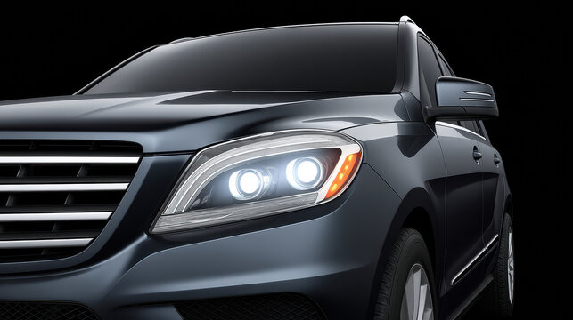 A dark gray luxury SUV is showcased in a low angle shot, highlighting the car's sleek design and bright headlights against a solid black background du daylight.