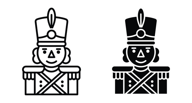 Nutcracker soldier toy icon set featuring outline and solid black glyph styles for Christmas holiday decoration winter celebration and festive design