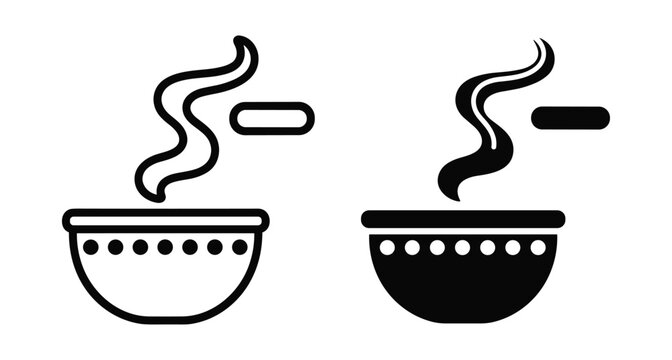 Bowl of hot soup or food with minus sign icon representing portion control diet reduction less calories and healthy eating