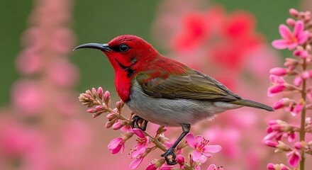 Naklejka premium Bright red hummingbird feeding on pink flowers in natural setting