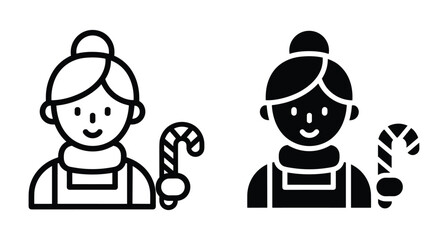 Fototapeta premium Mrs Claus icon set featuring woman holding candy cane in outline and solid styles for Christmas holiday celebration and baking