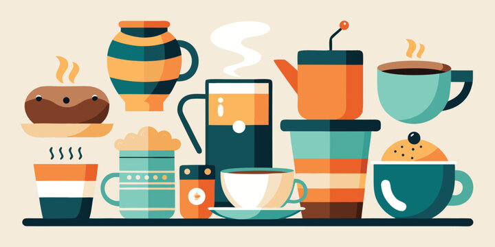Abstract kitchenware composition featuring coffee pots mugs and baked goods on dark surface