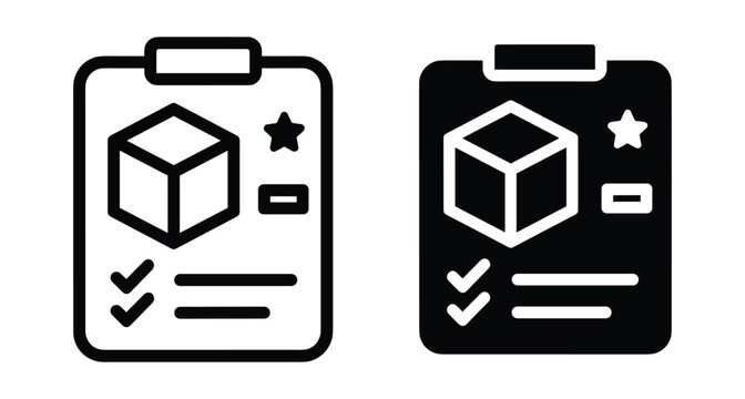 Clipboard icon set showing product inventory management with 3D cube star rating checkmarks and list details for logistics and warehouse tracking