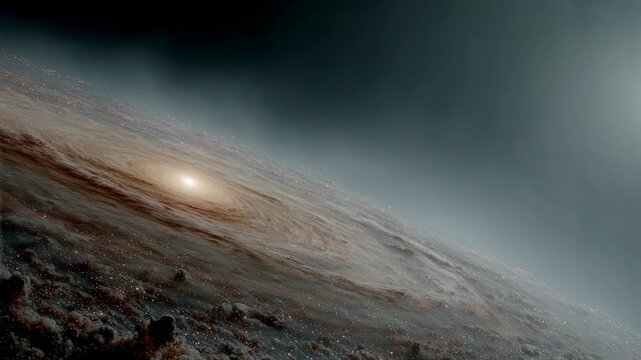 Spiral galaxy rotating in deep space. Cosmic nebula with glowing core and swirling dusty arms. Astronomical visualization for sci-fi exploration and universe discovery concepts.