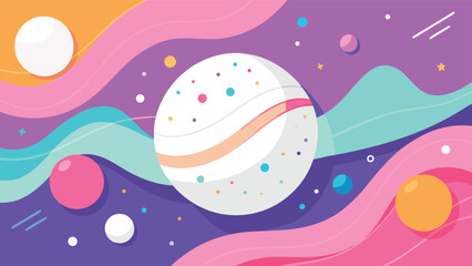 Whimsical planet with colorful wavy patterns and orbiting spheres in space © Sadhin07
