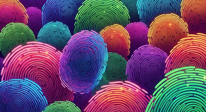 A close up composition of overlapping fingerprint patterns rendered in vivid, multicolored gradients.