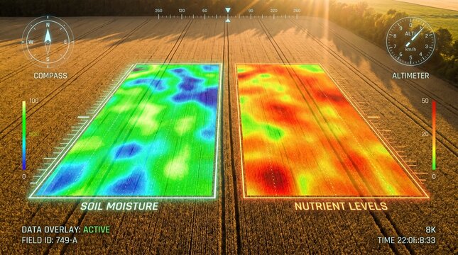 Aerial view of agricultural field with digital data overlay showing soil moisture and nutrient levels