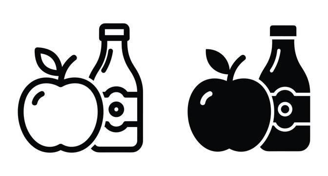 Apple juice bottle and fresh fruit icon set in outline and solid black glyph style for healthy drink menu design