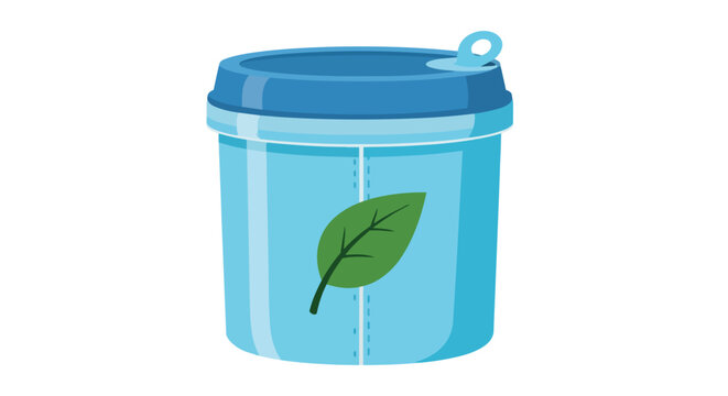 Blue eco friendly organic product container with green leaf symbol and ring-pull lid illustration